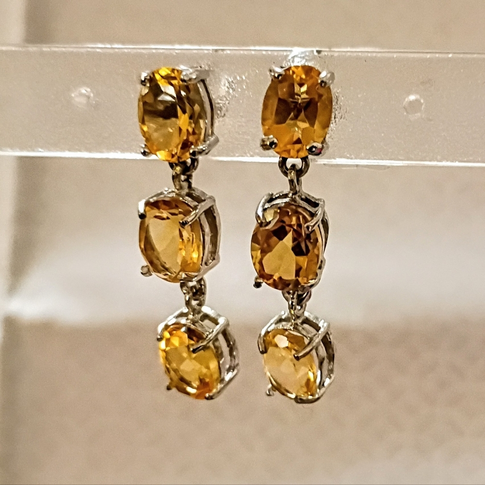 Silver Triple Stone Golden Citrine Dangle Drop 1.25" Earrings